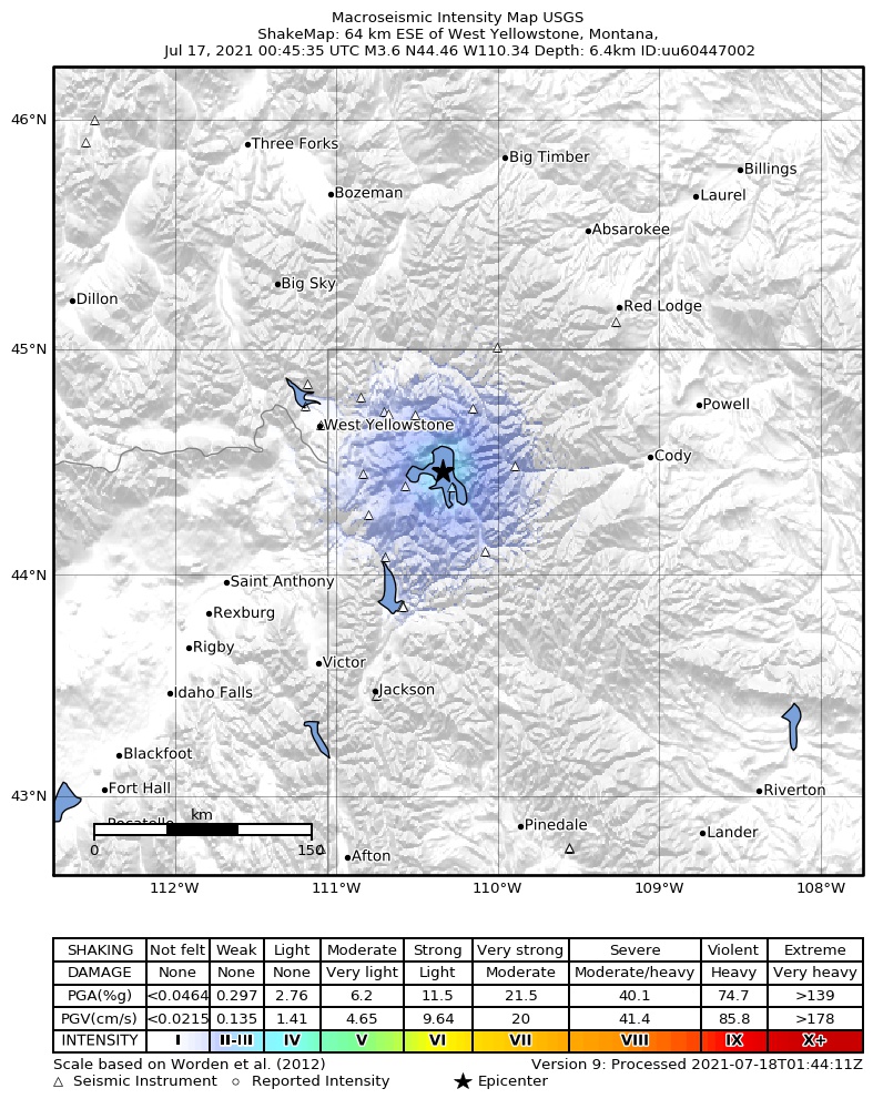 USGS ShakeMap: estimated shaking intensity around the epicenter