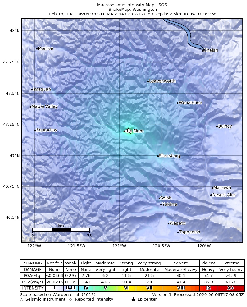 USGS ShakeMap: estimated shaking intensity around the epicenter