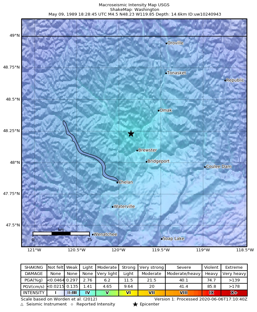 USGS ShakeMap: estimated shaking intensity around the epicenter
