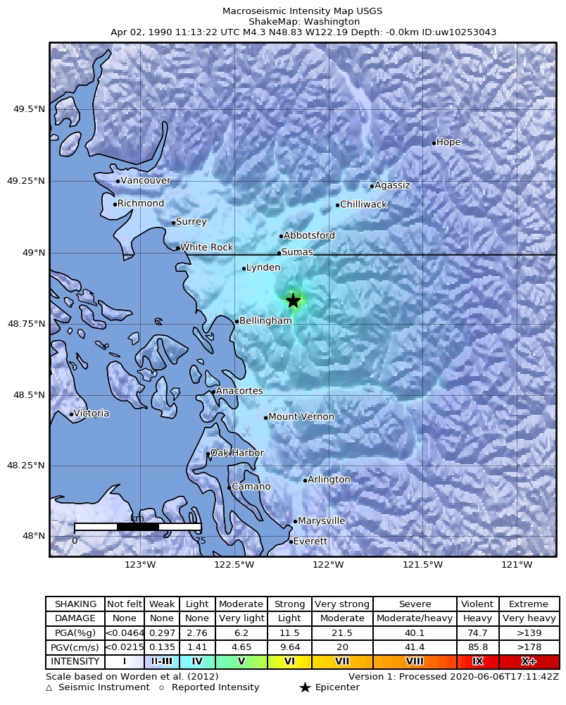 USGS ShakeMap: estimated shaking intensity around the epicenter