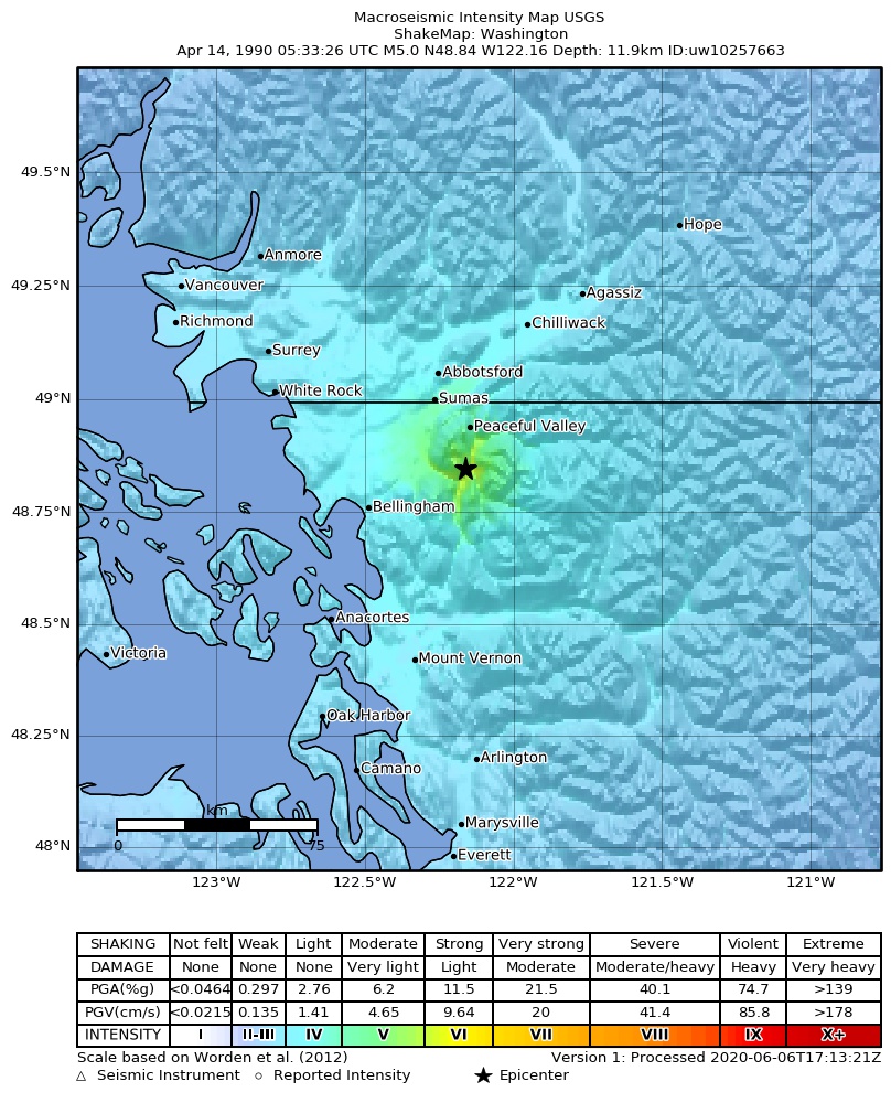 USGS ShakeMap: estimated shaking intensity around the epicenter