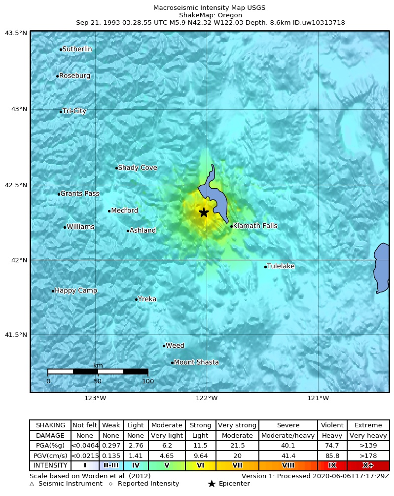 USGS ShakeMap: estimated shaking intensity around the epicenter