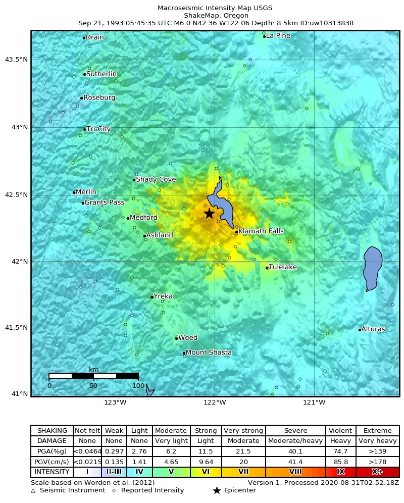 USGS ShakeMap: estimated shaking intensity around the epicenter