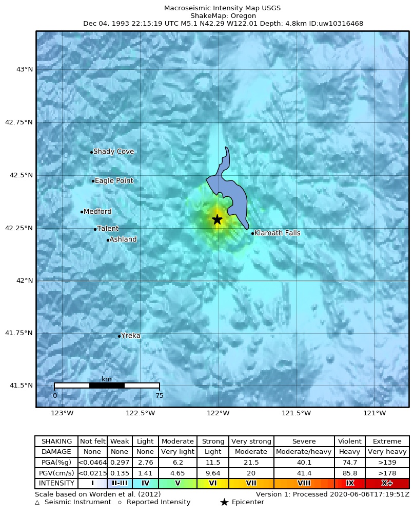 USGS ShakeMap: estimated shaking intensity around the epicenter