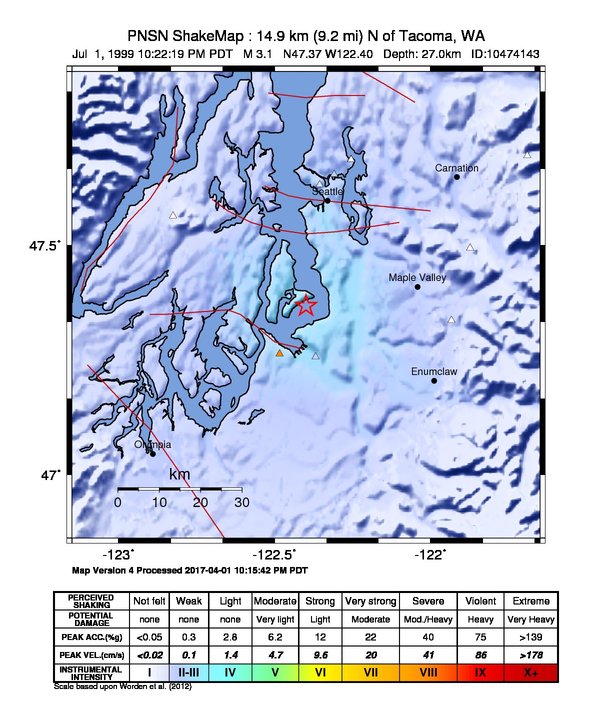 USGS ShakeMap: estimated shaking intensity around the epicenter
