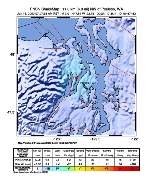 USGS ShakeMap: estimated shaking intensity around the epicenter