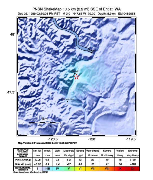 USGS ShakeMap: estimated shaking intensity around the epicenter