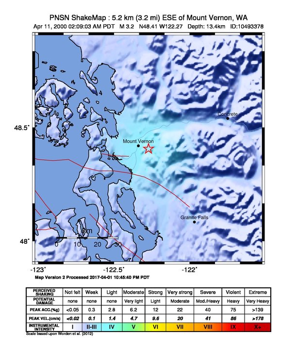 USGS ShakeMap: estimated shaking intensity around the epicenter