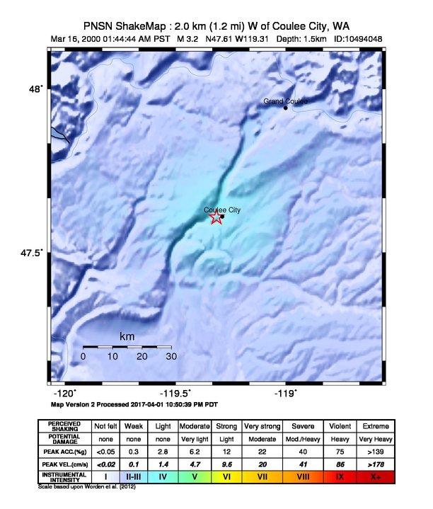 USGS ShakeMap: estimated shaking intensity around the epicenter