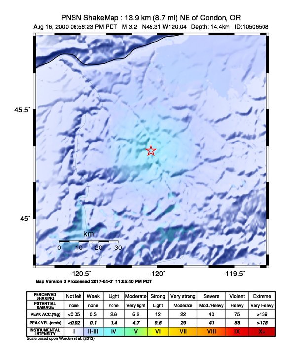 USGS ShakeMap: estimated shaking intensity around the epicenter