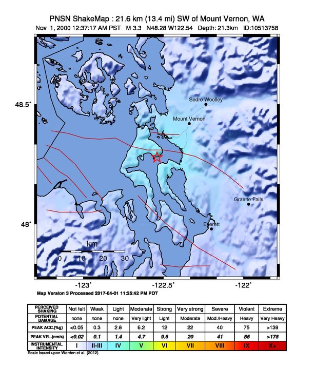 USGS ShakeMap: estimated shaking intensity around the epicenter