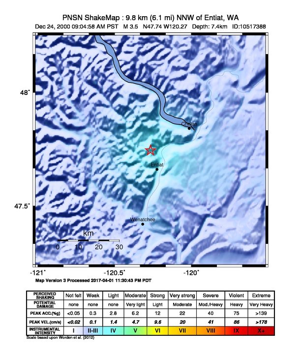 USGS ShakeMap: estimated shaking intensity around the epicenter