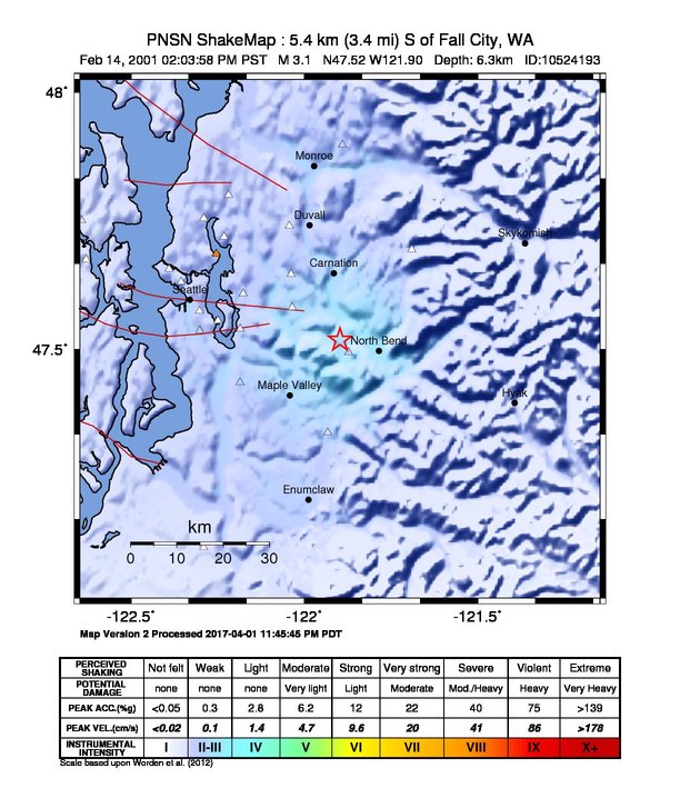 USGS ShakeMap: estimated shaking intensity around the epicenter