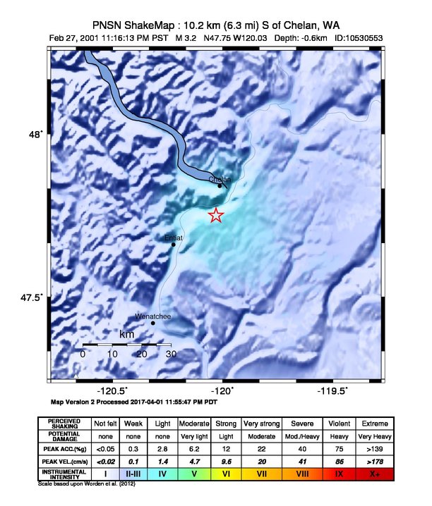USGS ShakeMap: estimated shaking intensity around the epicenter
