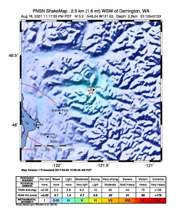 USGS ShakeMap: estimated shaking intensity around the epicenter