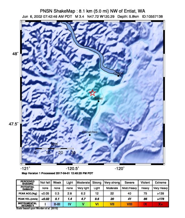 USGS ShakeMap: estimated shaking intensity around the epicenter