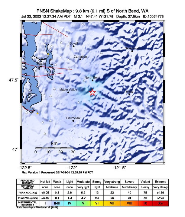 USGS ShakeMap: estimated shaking intensity around the epicenter