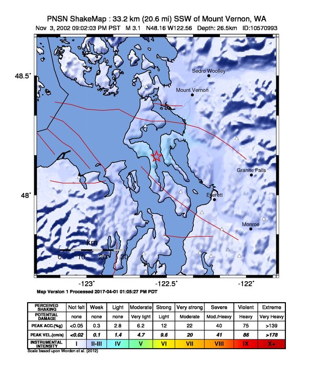 USGS ShakeMap: estimated shaking intensity around the epicenter