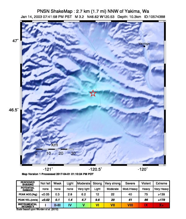 USGS ShakeMap: estimated shaking intensity around the epicenter