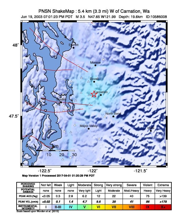 USGS ShakeMap: estimated shaking intensity around the epicenter