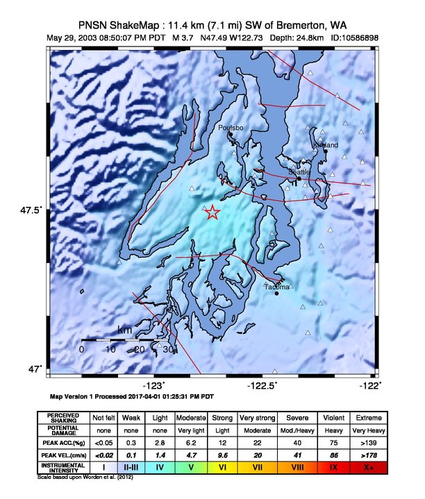 USGS ShakeMap: estimated shaking intensity around the epicenter