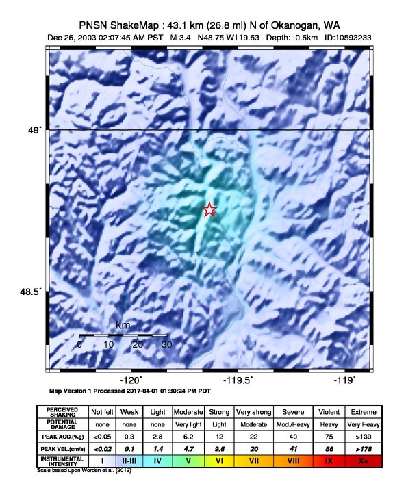 USGS ShakeMap: estimated shaking intensity around the epicenter
