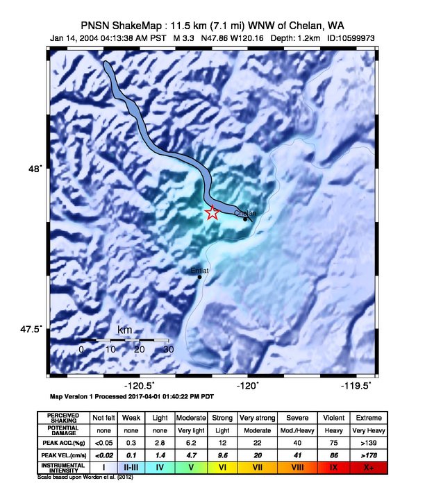 USGS ShakeMap: estimated shaking intensity around the epicenter