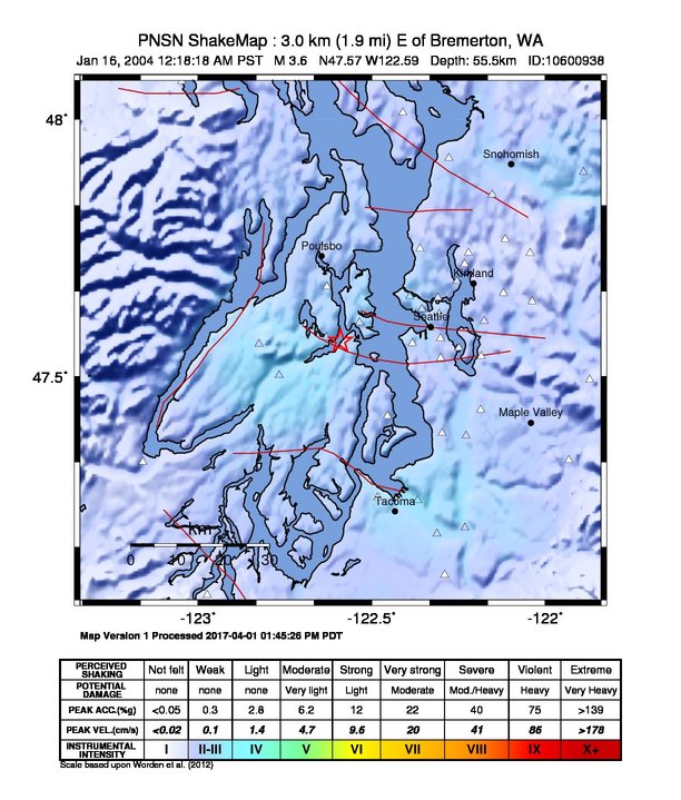 USGS ShakeMap: estimated shaking intensity around the epicenter
