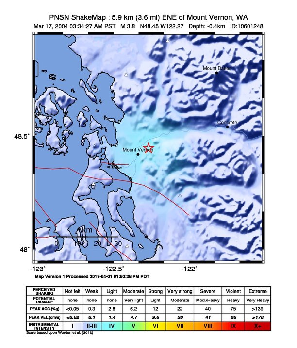 USGS ShakeMap: estimated shaking intensity around the epicenter