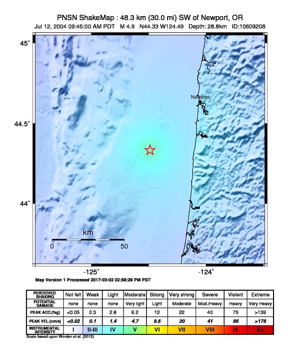 USGS ShakeMap: estimated shaking intensity around the epicenter