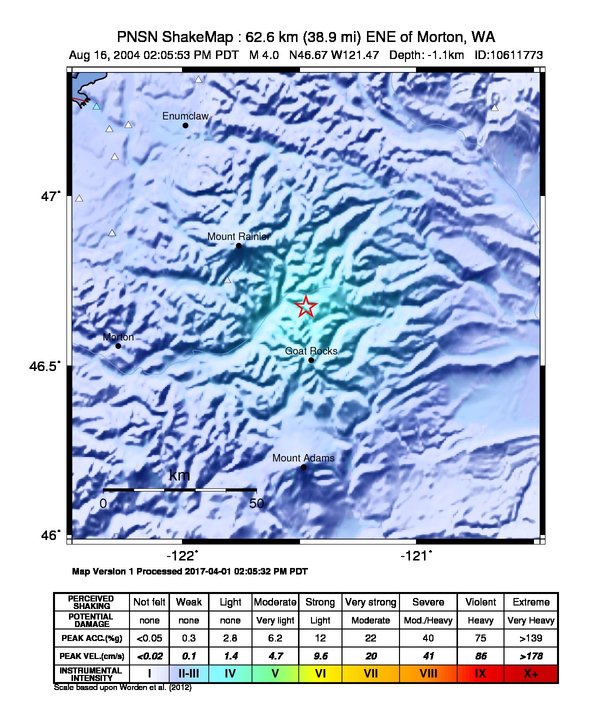 USGS ShakeMap: estimated shaking intensity around the epicenter