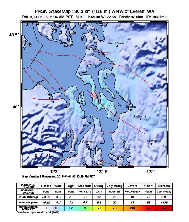 USGS ShakeMap: estimated shaking intensity around the epicenter