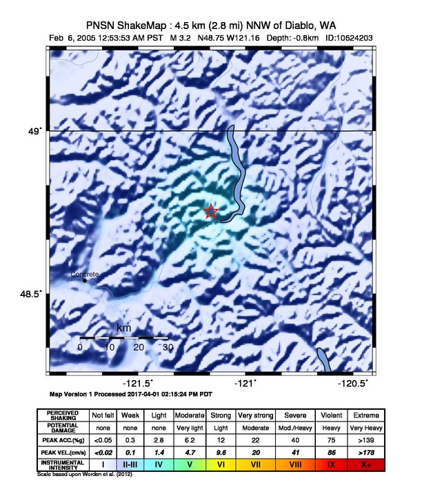 USGS ShakeMap: estimated shaking intensity around the epicenter