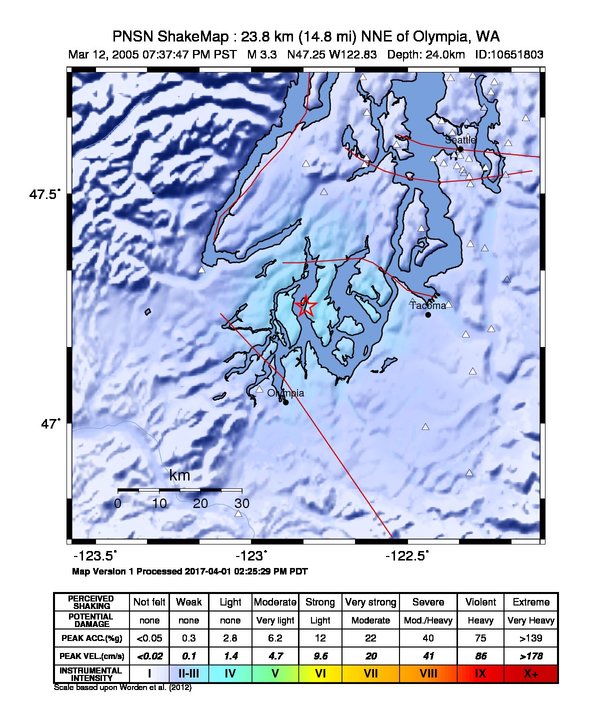 USGS ShakeMap: estimated shaking intensity around the epicenter