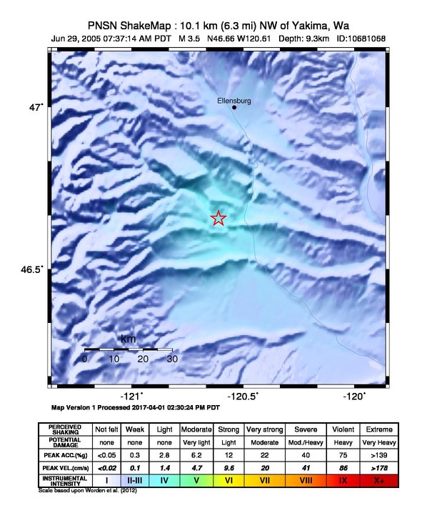 USGS ShakeMap: estimated shaking intensity around the epicenter
