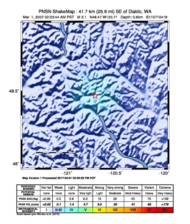 USGS ShakeMap: estimated shaking intensity around the epicenter
