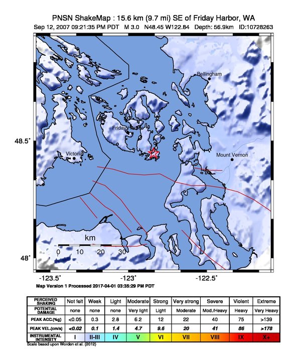 USGS ShakeMap: estimated shaking intensity around the epicenter