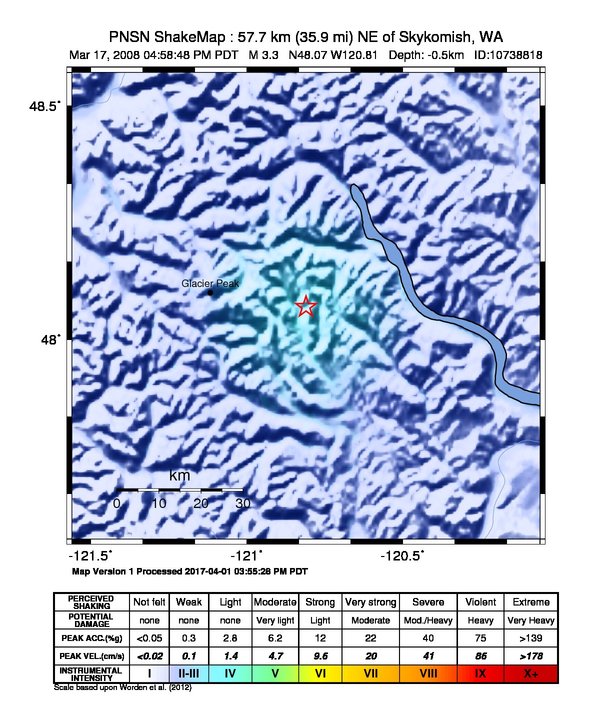USGS ShakeMap: estimated shaking intensity around the epicenter