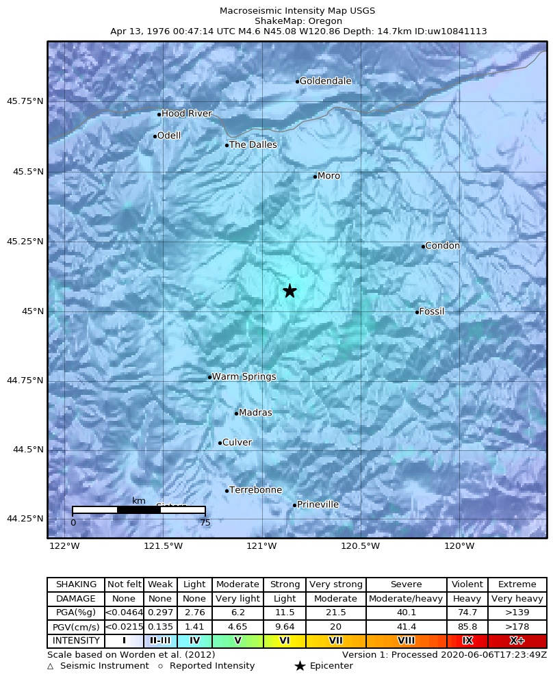 USGS ShakeMap: estimated shaking intensity around the epicenter