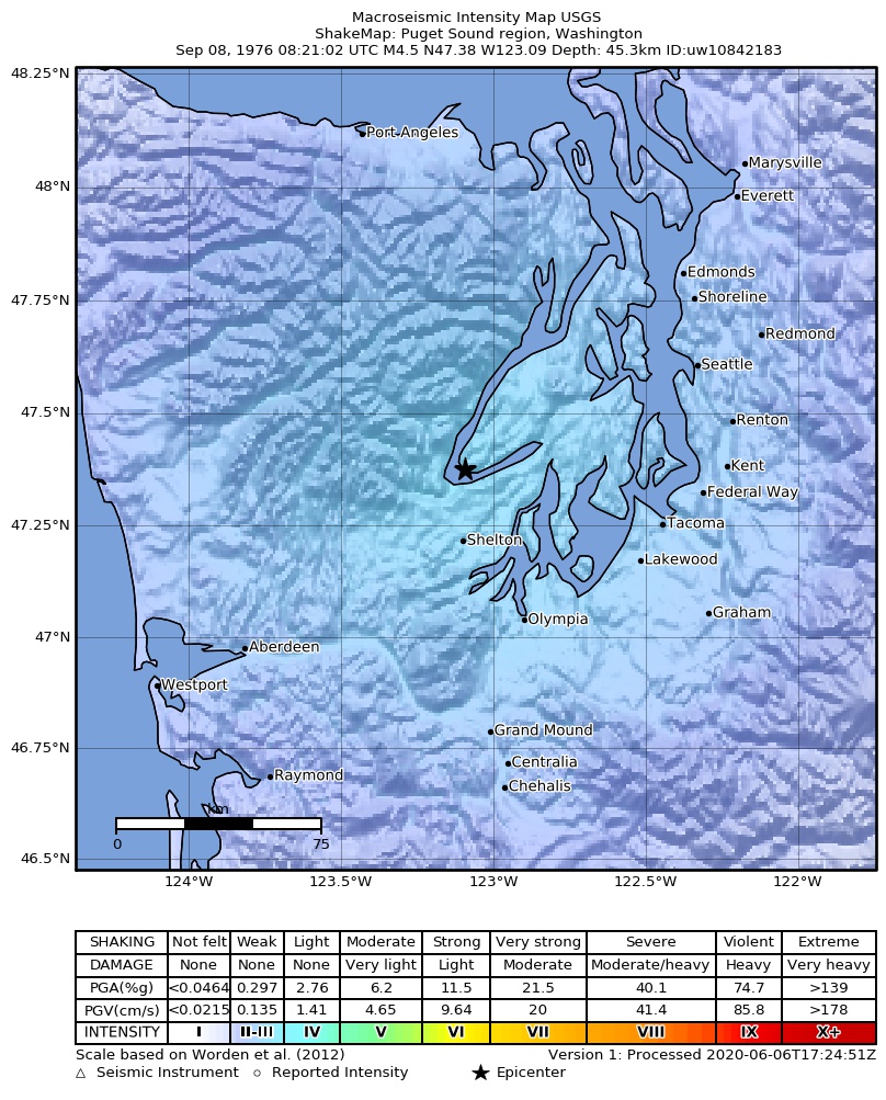 USGS ShakeMap: estimated shaking intensity around the epicenter