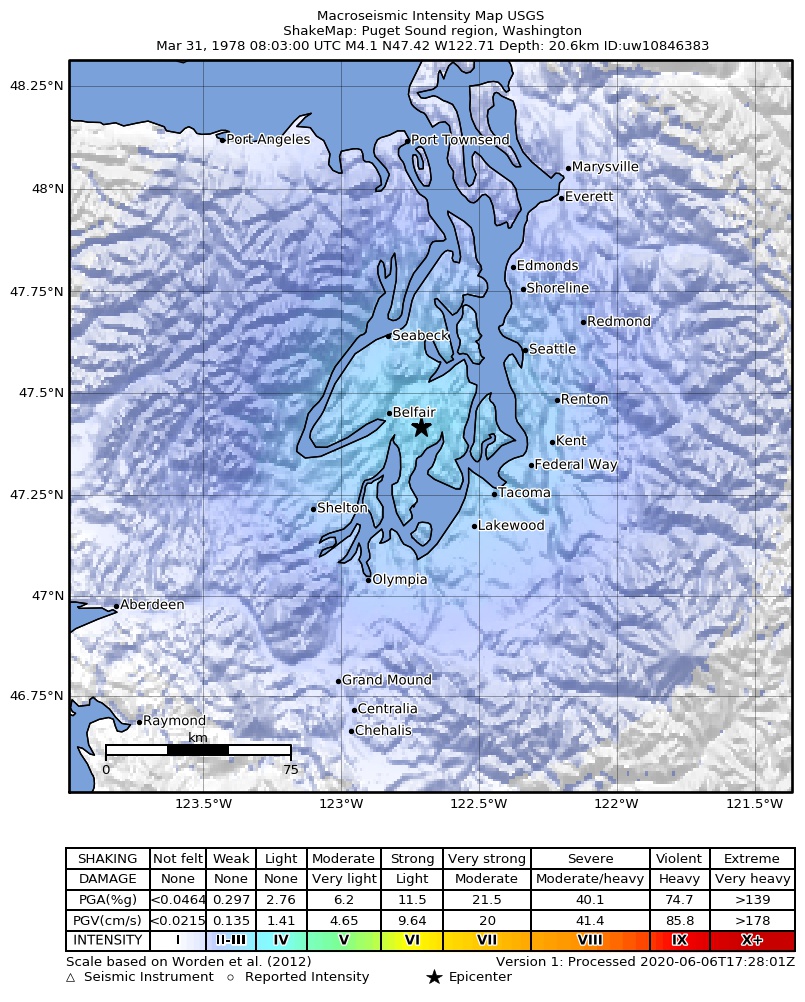USGS ShakeMap: estimated shaking intensity around the epicenter
