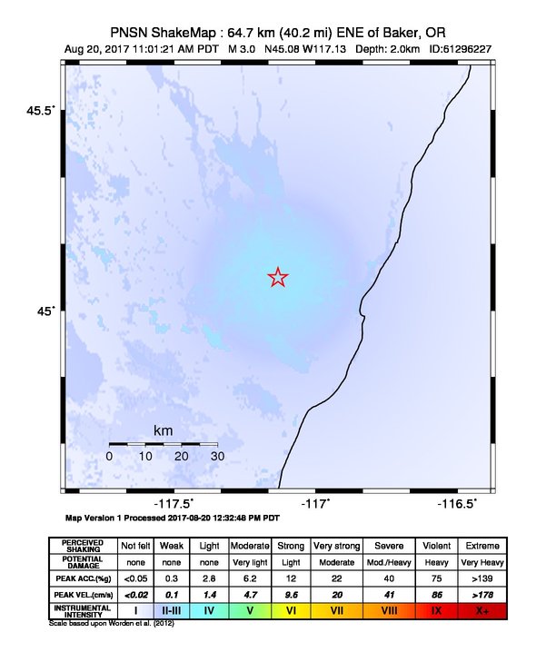 USGS ShakeMap: estimated shaking intensity around the epicenter