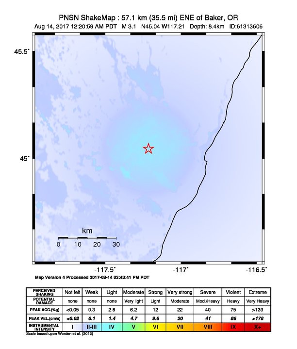 USGS ShakeMap: estimated shaking intensity around the epicenter
