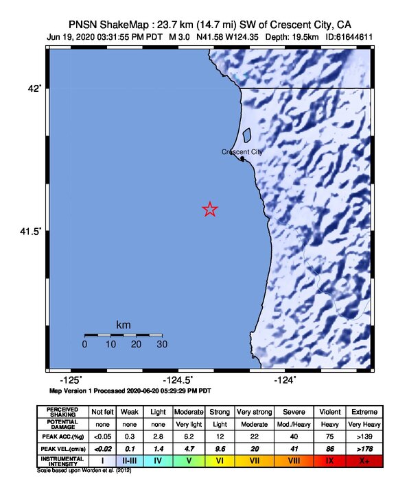 USGS ShakeMap intensity contours for the M2.4 earthquake near 4km SW of Crescent City, CA