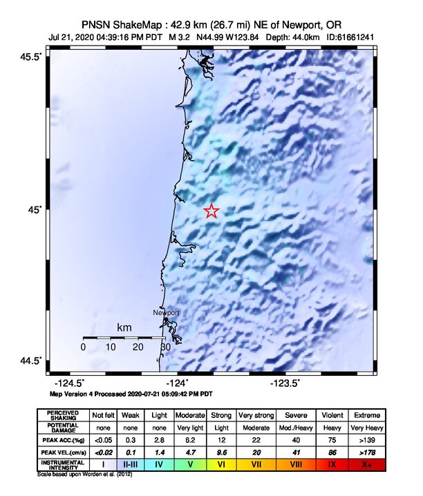 USGS ShakeMap intensity contours for the M3.2 earthquake near 3 km ESE of Rose Lodge, Oregon