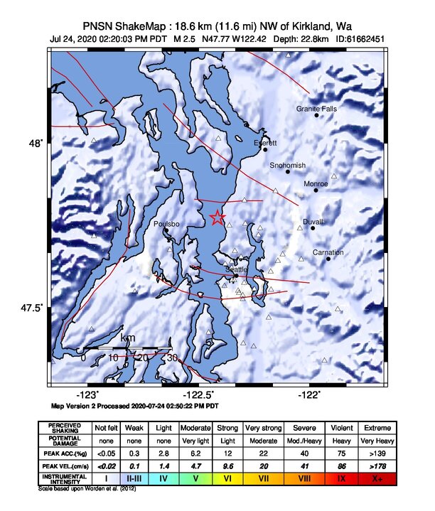 USGS ShakeMap intensity contours for the M2.5 earthquake near 3 km SW of Woodway, Washington