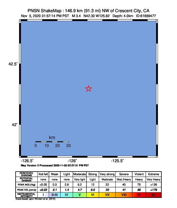 USGS ShakeMap intensity contours for the M3.4 earthquake near 131 km W of Gold Beach, Oregon