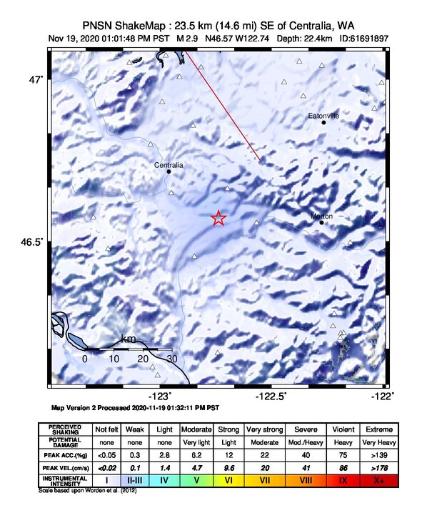 USGS ShakeMap intensity contours for the M2.9 earthquake near 1 km WSW of Onalaska, Washington