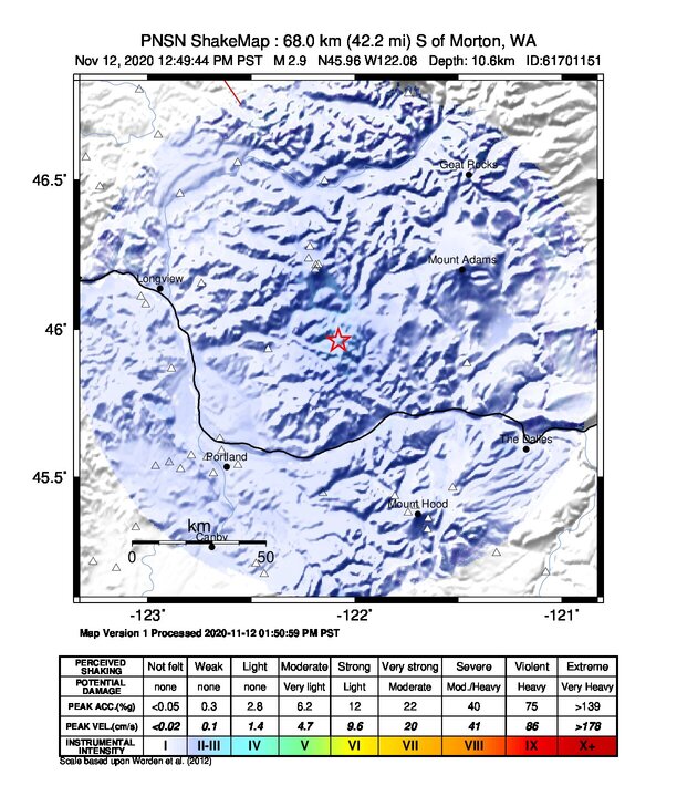 USGS ShakeMap intensity contours for the M2.9 earthquake near Washington-Oregon border region