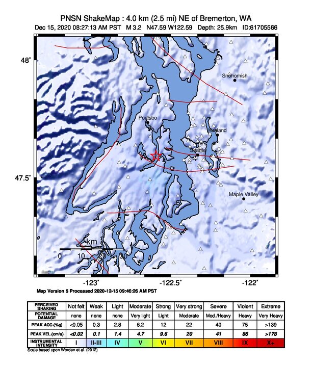 USGS ShakeMap intensity contours for the M3.2 earthquake near 0 km NNE of Enetai, Washington